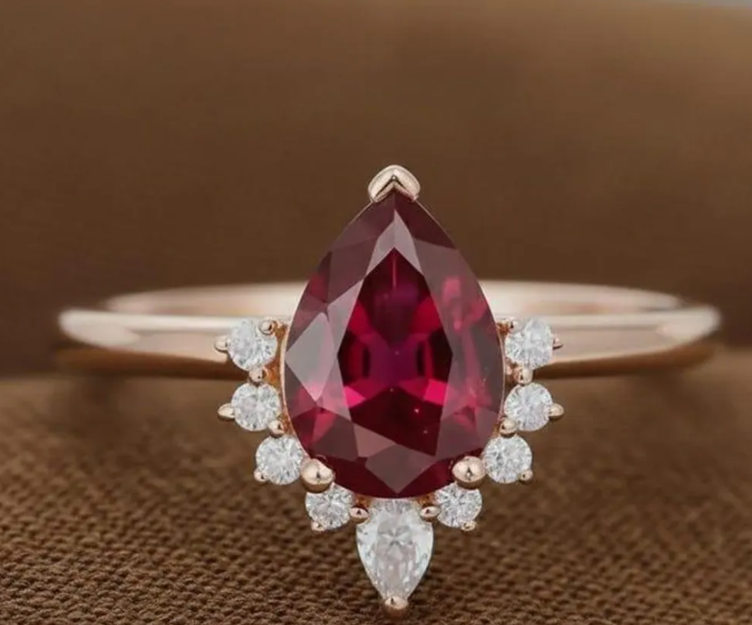 14K Gold Pear & Round Cluster Wedding Ring, Red Gemstone Solitaire Ring, Anniversary Gift Ring For Wife