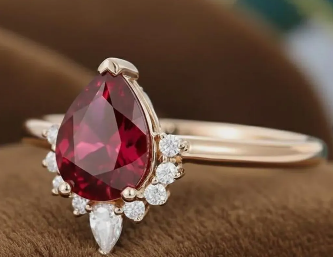 14K Gold Pear & Round Cluster Wedding Ring, Red Gemstone Solitaire Ring, Anniversary Gift Ring For Wife