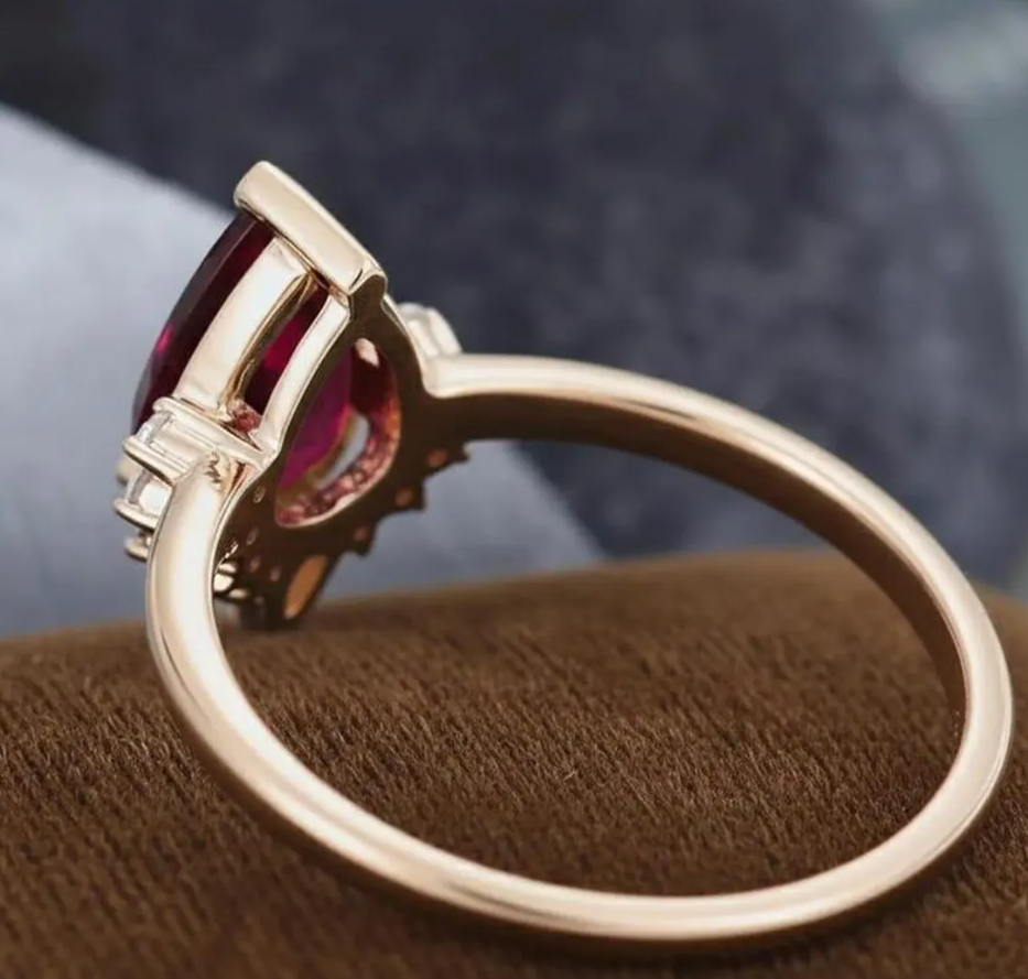 14K Gold Pear & Round Cluster Wedding Ring, Red Gemstone Solitaire Ring, Anniversary Gift Ring For Wife